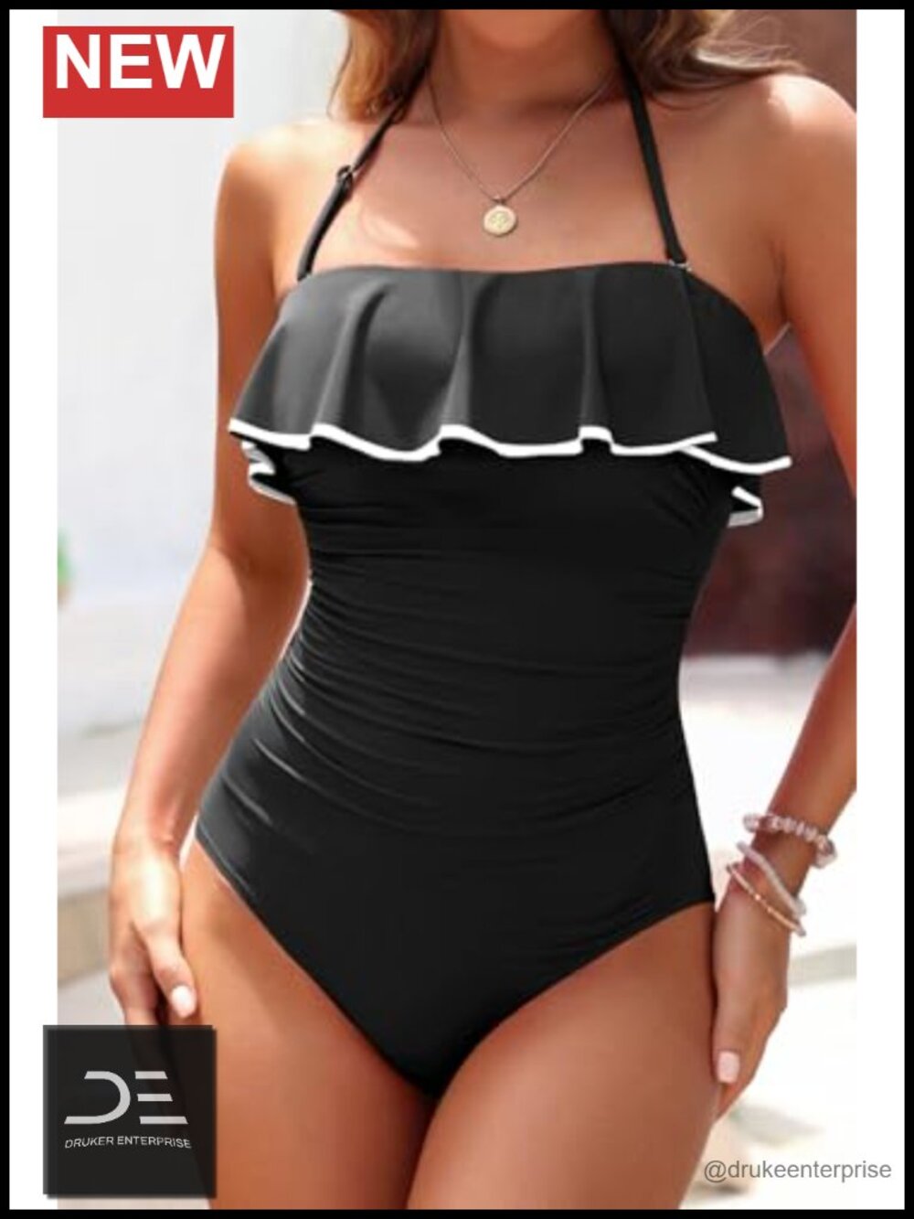 Strapless One Piece Swimsuit Tummy Control Bandeau Ruffle Slimming Bathing Suit - Picture 2 of 6